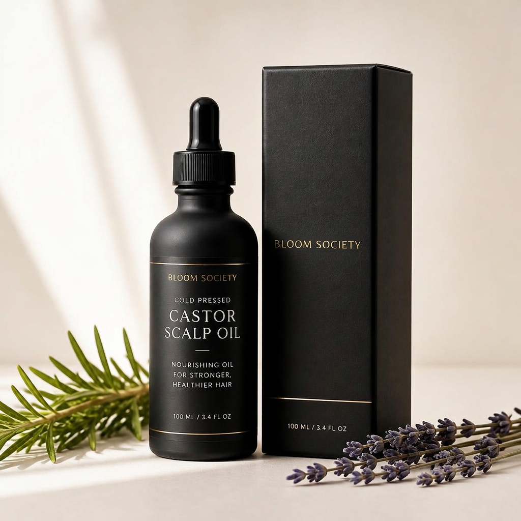 Botanical scalp oil bottle with rosemary and lavender